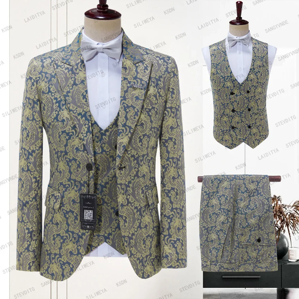 

Luxury Jacquard Men Suits Wedding Groom Smart Casual Fashion Peak Lapel Slim Fit Male Suit 3 Piece (Blazer+Vest+Pants) 2024