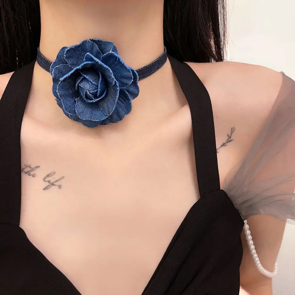 Big Rose Flower Trend Choker Denim Necklace Adjustable Clavicle Chain Y2K Style Collarbone Chain Women Jeans Cloth Necklace