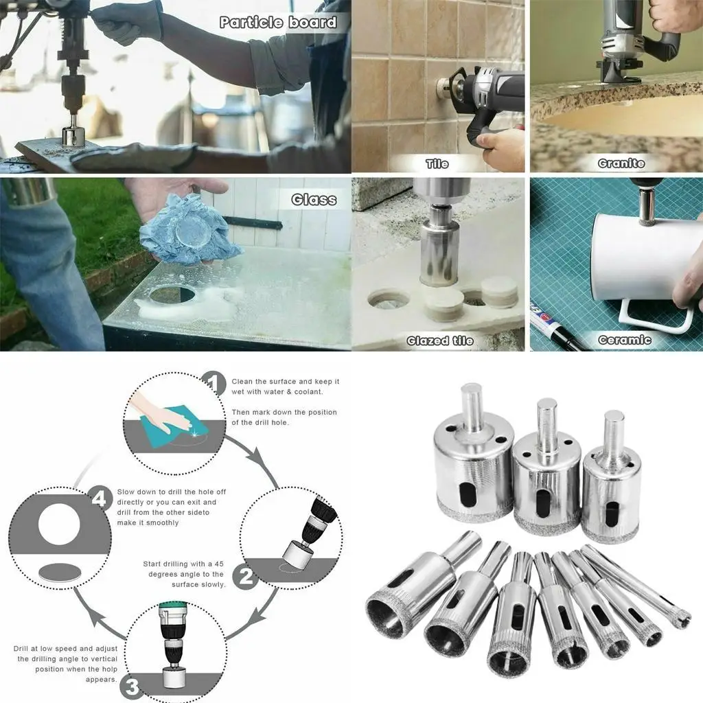 10Pcs Steel Diamond Tools Sets for Ceramics Tiles Grit Hole Silver