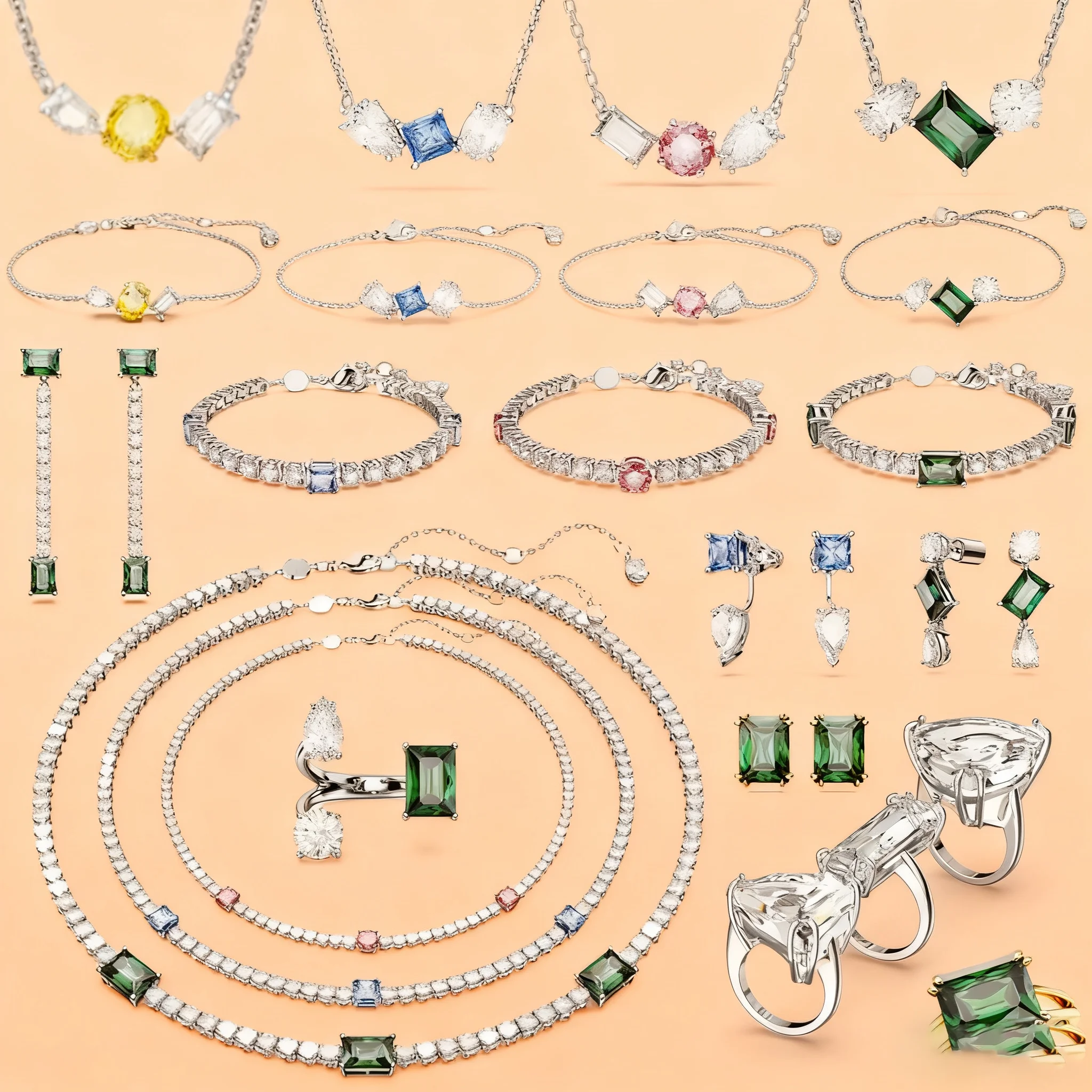 

Новый оригинальный комплект изящных ювелирных изделий 2025, модное геометрическое ожерелье с кристаллами, браслет, серьги, кольцо для женщин, аксессуары для вечеринок