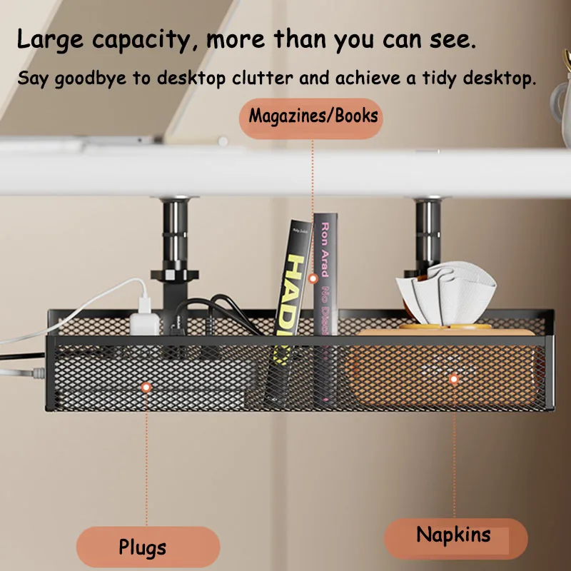Under Table Storage Rack Metal Cable Management Tray Home Office Desk Wire Organizer No Punching Kitchen Storage Accessories