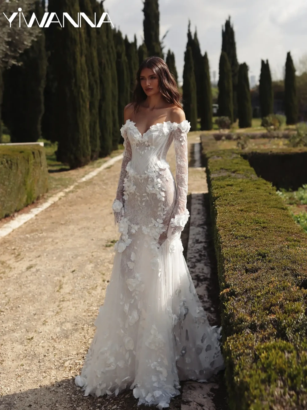 

Illusion Lace 3D Flower Wedding Dress Elegant Off Shoulder Mermaid Long Bridal Gown New Customized V-neck Dresses For Bride