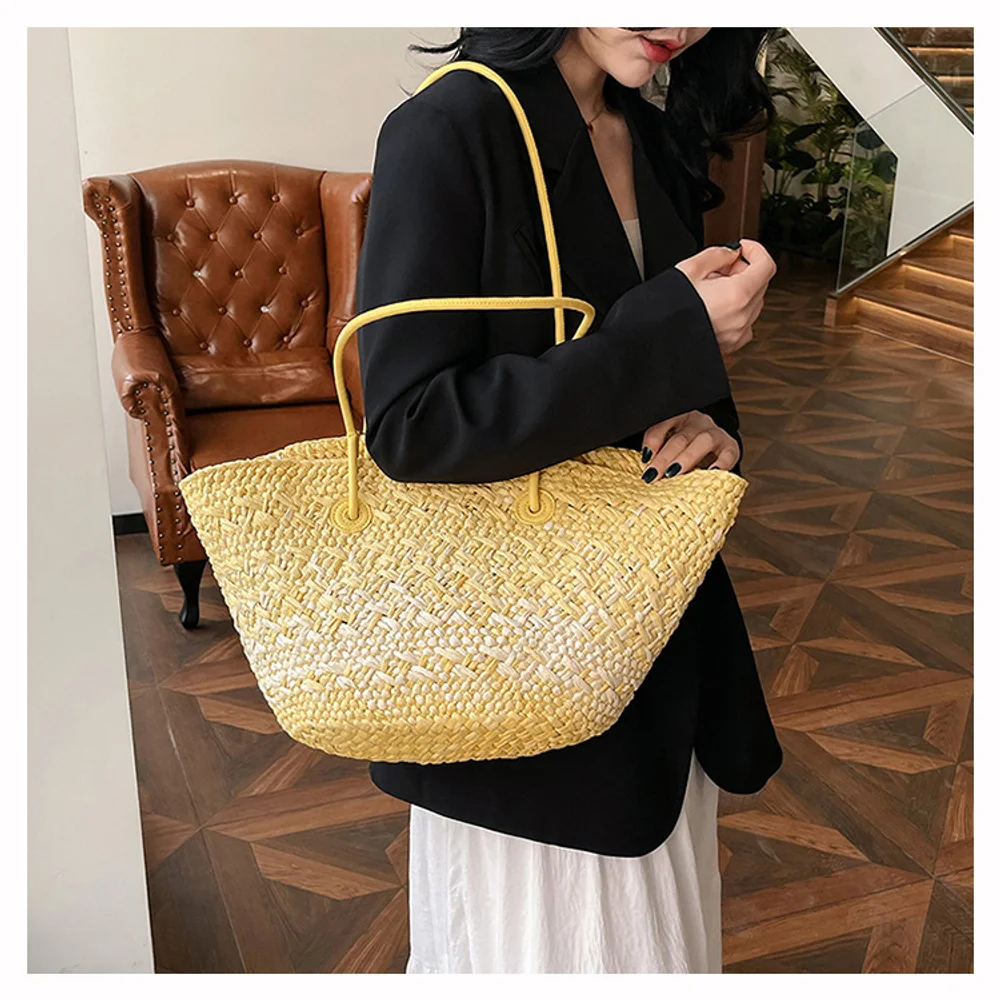 حقيبة كاجوال من القش ذات السعة الكبيرة الملونة من Luojia، حقيبة منسوجة مصنوعة يدويًا من العشب الطبيعي، حقيبة شاطئ للإجازات