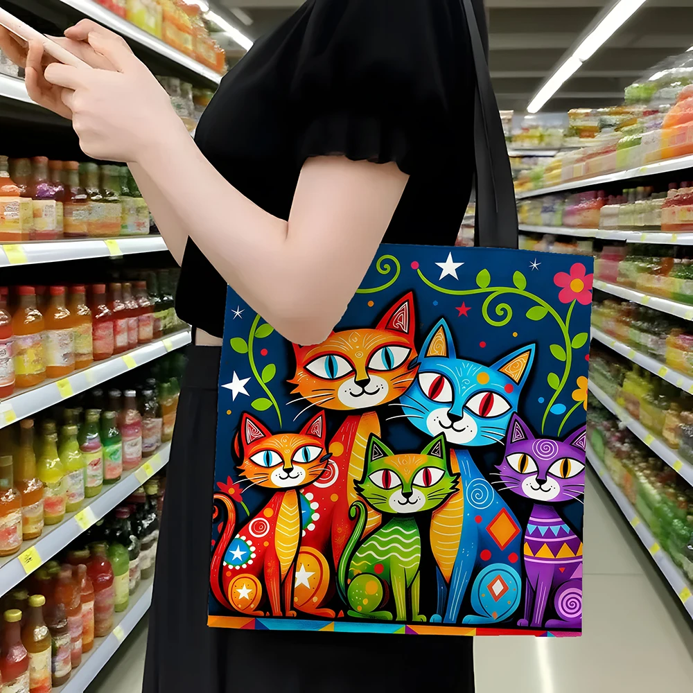

1pc Colorful Folk Art Cats Canvas Tote Bag – Vibrant Mexican Otomi Style Cat Family Print, Eco-Friendly Bohemian Shoulder Bag fo