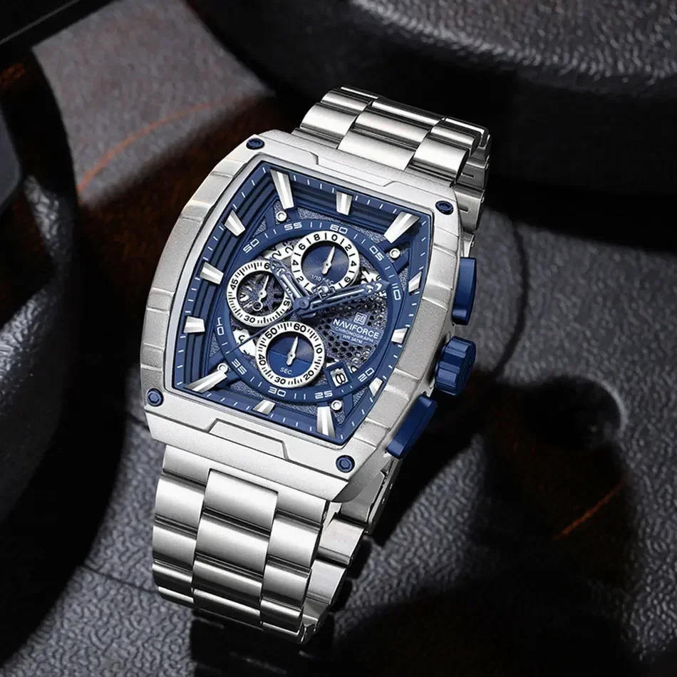 

NAVIFORCE 8066, модные кварцевые мужские часы со стальной полосой, водостойкий календарь, хронограф, светящиеся часы для мужчин, Reloj Hombre
