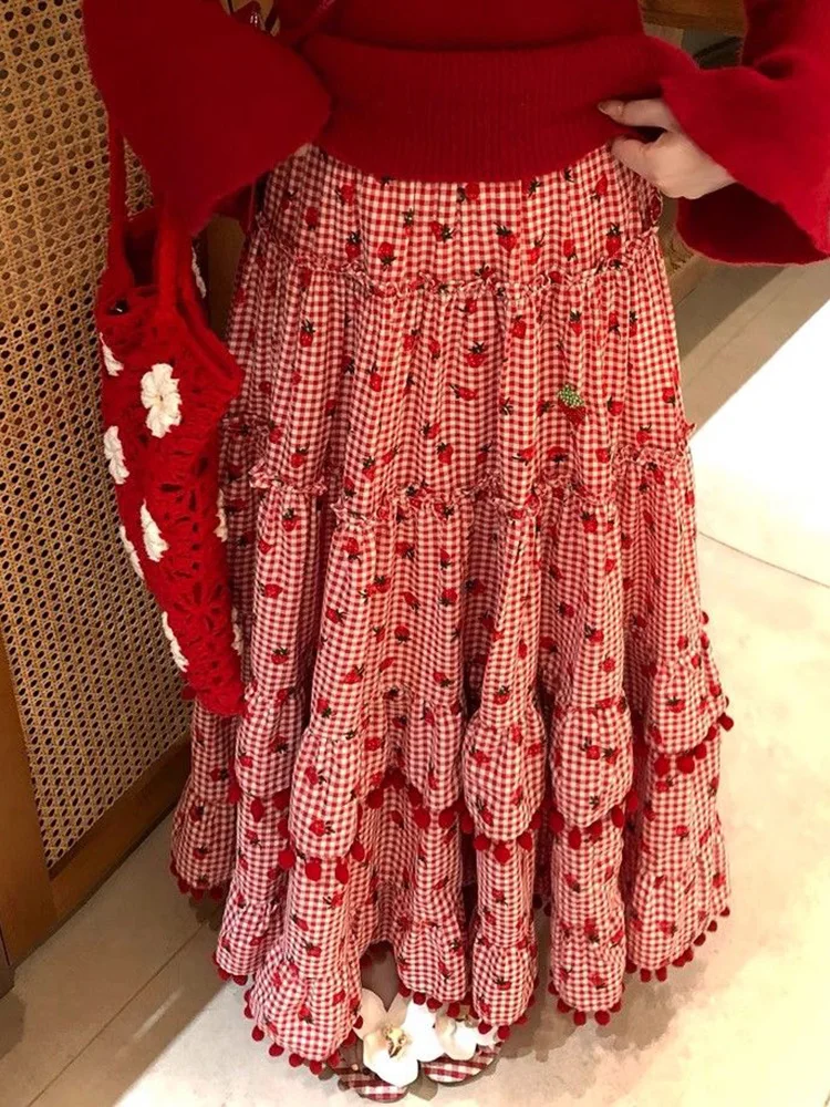 Cute Strawberry Plaid Long Skirt Women Sweet High Waist Loose Cake Skirts Spring Preppy Style Female Kawaii Vintage Long Skirts