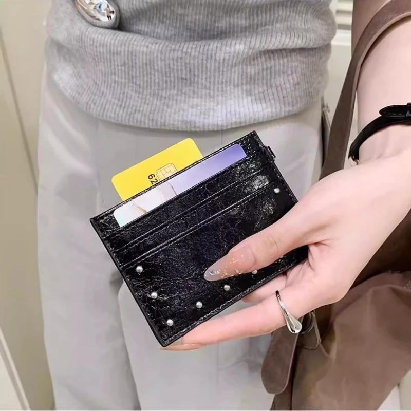 Compact Ultra Thin Cracked Leather Card Wallet Mini Size Multiple Slots Rivet Card Holder Solid Color PU Double-sided Coin Purse