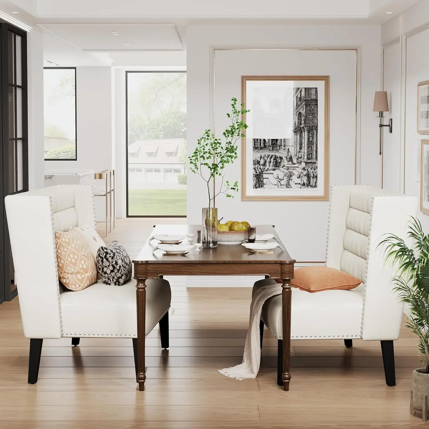 أريكة مقعد أريكة حديثة بمقعدين، مقعد طعام منجد مع ظهر، أبيض