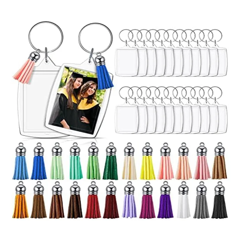 2025+ 24Pcs Acrylic PhotoFrame Keychains with Tassels 5.6 X 4.0cm Keychain Clear Acrylic Blank Key Ring DIY Craft Project