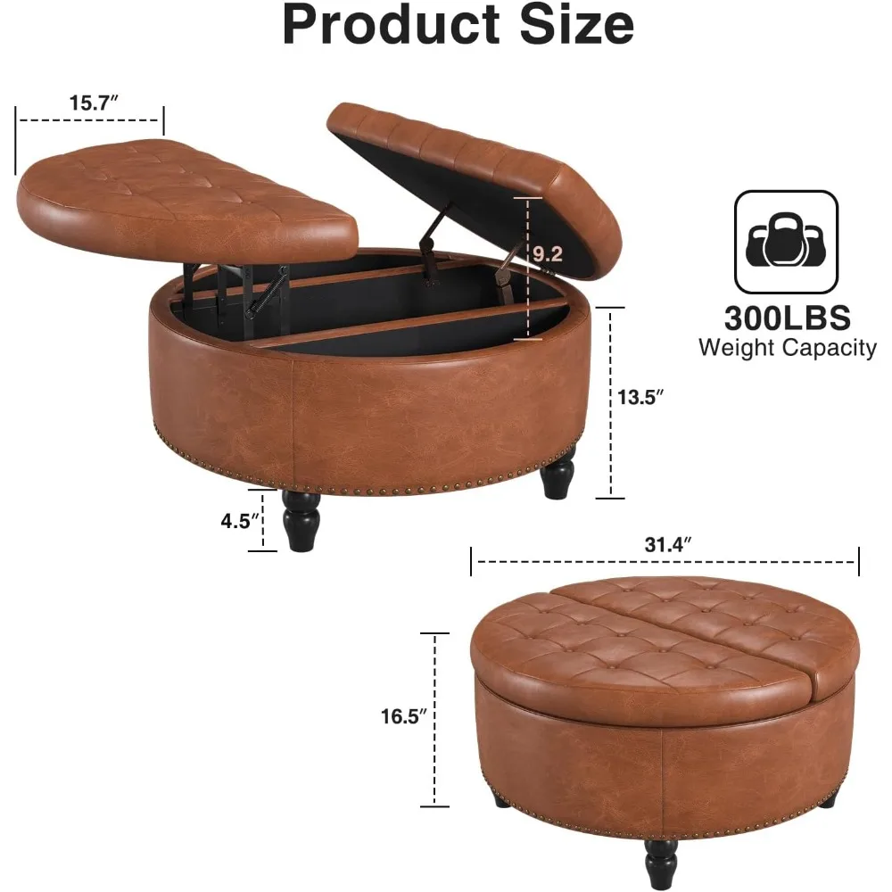 30 Inch Round Storage Ottoman,Modern Button Tufted Coffee Table with Lift Top,Large Round Ottoman Upholstered Footrest Stool Toy