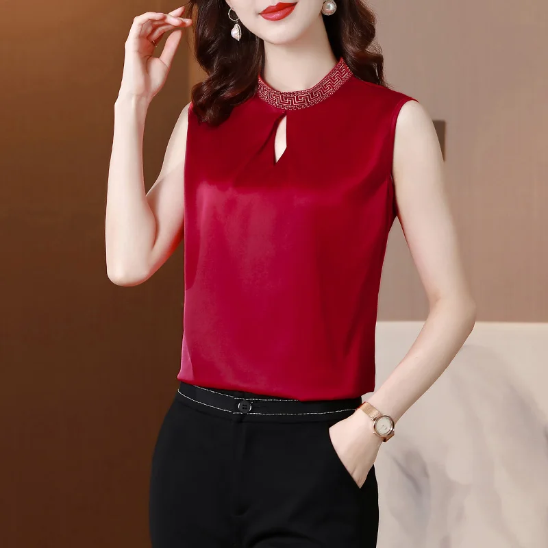 Women Clothing Sleeveless Solid Chiffon Blouse Summer Casual Elegant Fashion Pullovers Office Lady Loose O-neck Chic Thin Tops