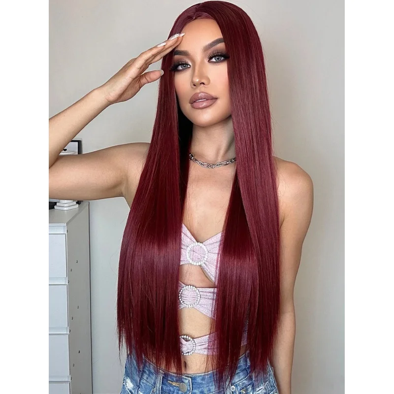 

Burgundy long straight wigs machine made synthetic wig silk straight wigs 99J# for women