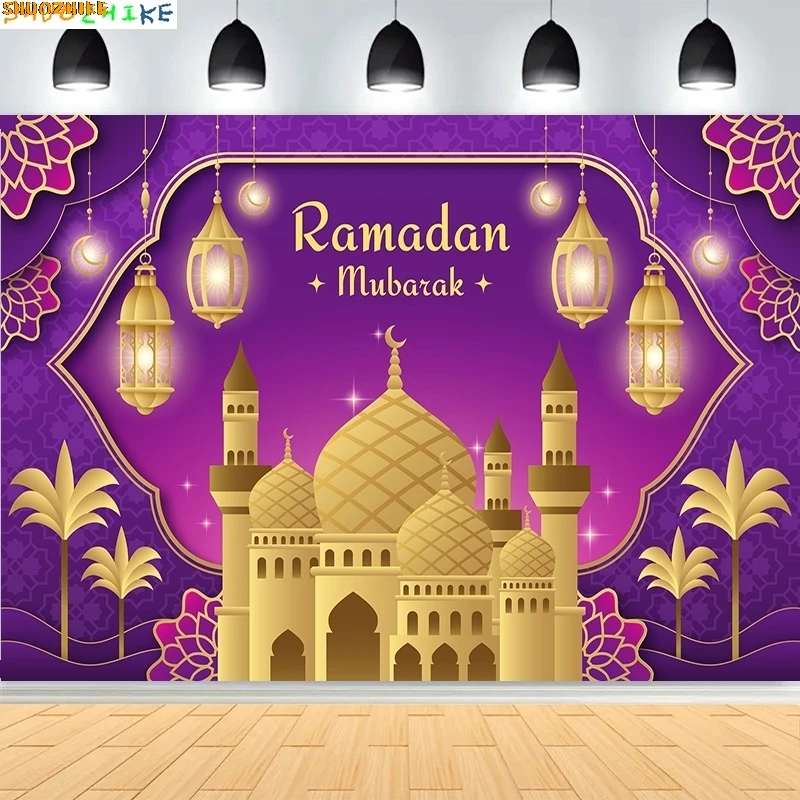 

Ramadan Celebration Shiny Golden Crescent Moon Lanterns Background Arabic Islamic Mosque Palace Photography Backdrops MO-10