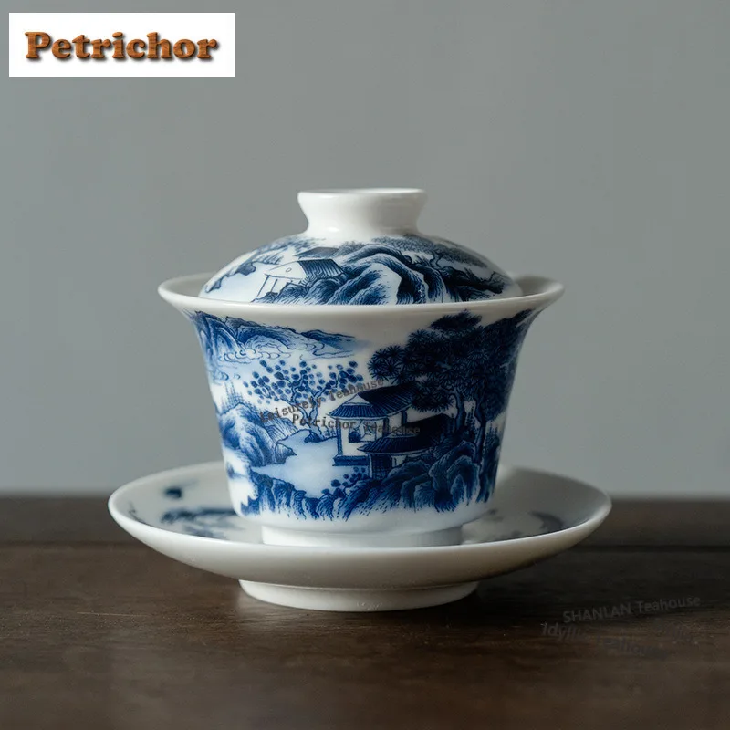 150ml Blue And White Underglaze Red Gaiwan Ancient Tea Tureen Tea Bowl With Lid Kit Tea Maker Cover Bowl Drinkware Collection
