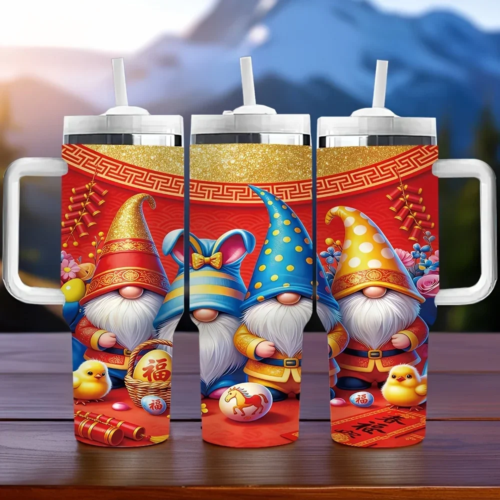 40oz Insulated Tumbler with Handle, Chinese New Year Gnome Print, Ideal As Festival And Birthday Gift, Suitable for Daily Drinking And Outdoor Activities, Keeps Drinks Temperature for A Long Time