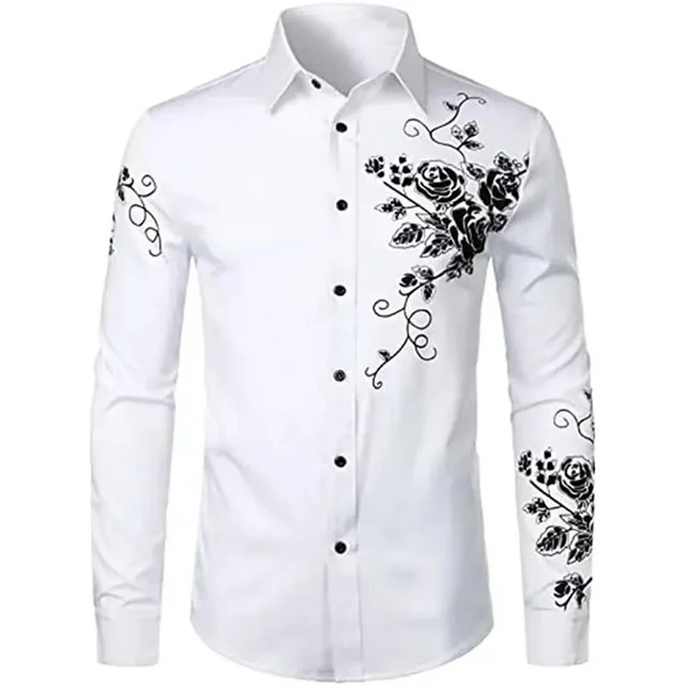 

New Men's Shirt Fashion Casual Luxury Social Men's Shirt Roll-Neck Button Down Shirt Print Long Sleeve Top 14 Colors XS-6XL