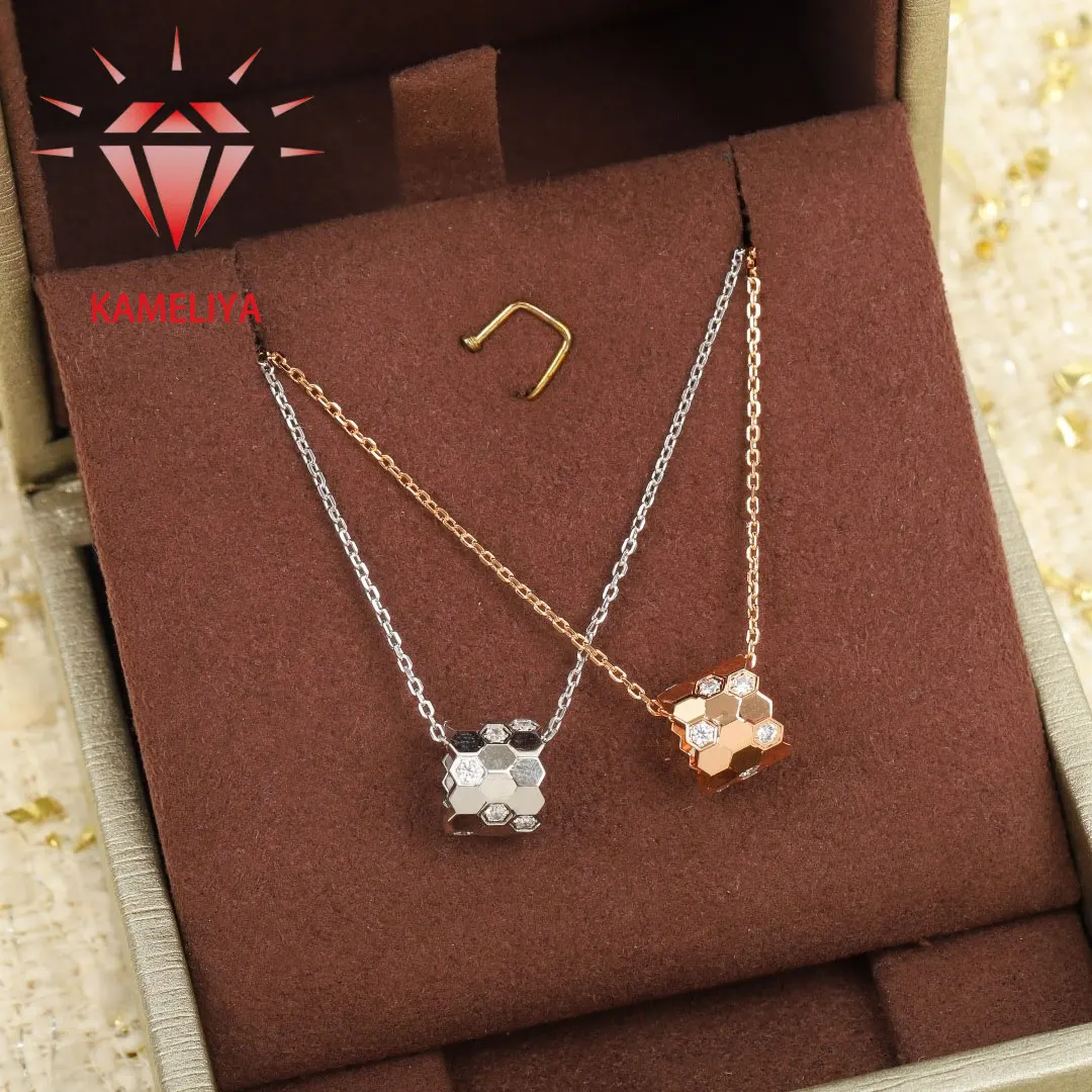 

KAMELIYA Zircon Honeycomb Pendant Necklace S925 Sterling Silver Choker Necklace for Women 18K Gold Plated Trendy Jewelry Gift