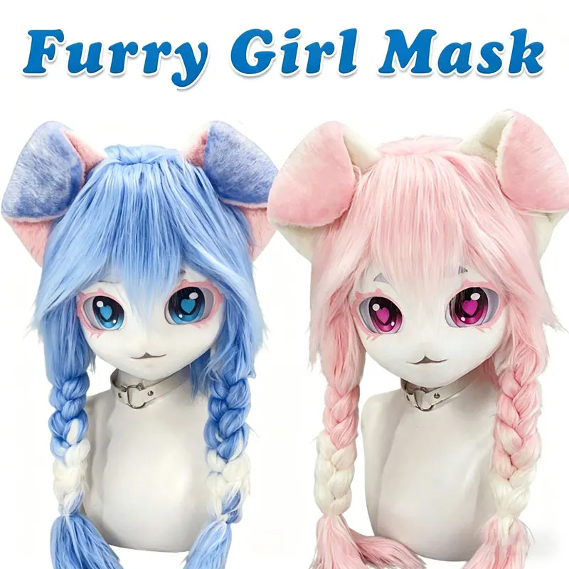 

New Pink Blue Fluffy Kigurumi Fursuits Animal Head Costume Cute Cat Dog Head Halloween Costume Head Performance Props Tail Paws