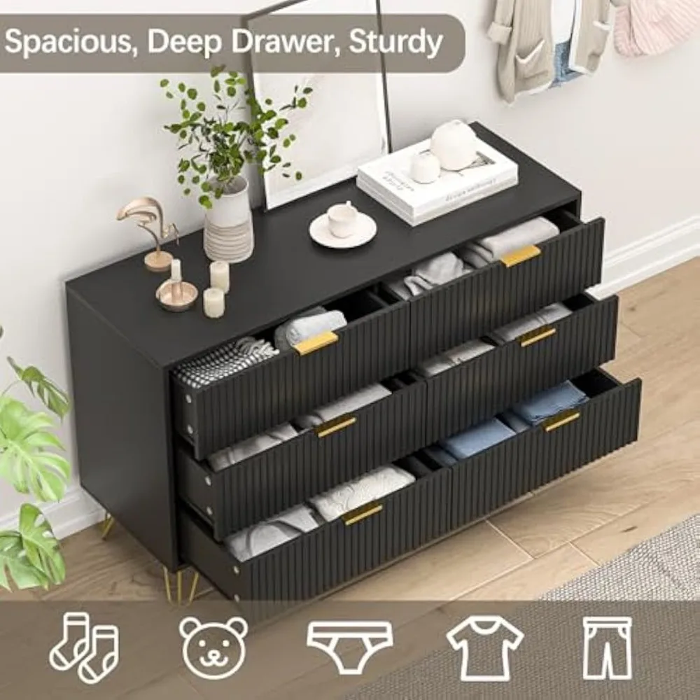 Black dresser, modern dresser for bedroom, 6-drawer dresser, wide drawer and gold handles, drawer locker