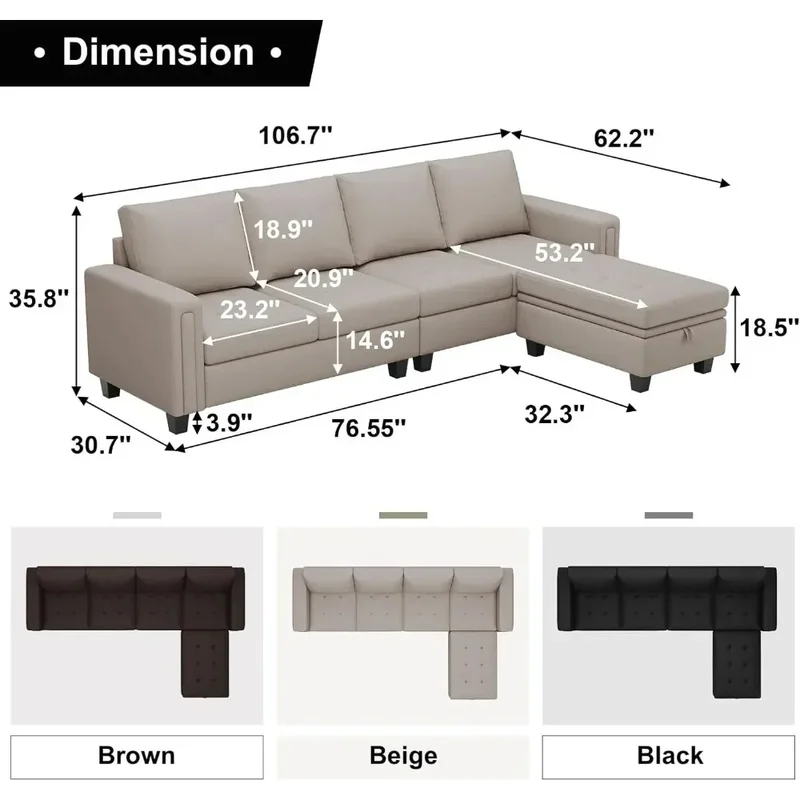

Convertible Faux Leather L-Shaped Sectional Sofa with Reversible Chaise - Modern 4-Seater Corner Couch