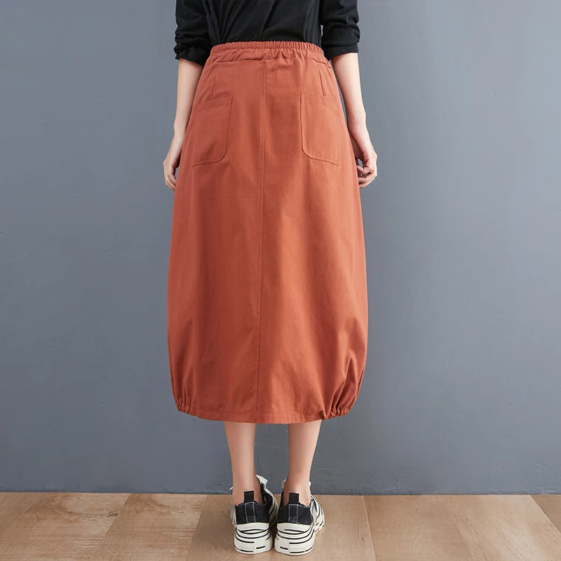 Gonna longuette a trapezio a vita alta Primavera New Sle plus Size Vita elastica Bocciolo di fiore Lanterna f Gonna corpo Casual Versatile Split