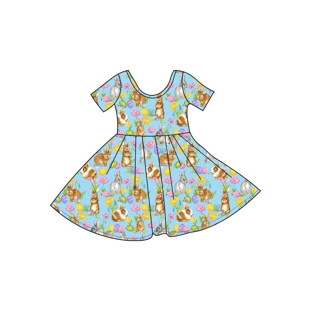 Easter Girls Dress Boutique Children's Suit Bunny Egg Grass Flower Print Short Sleeve Dress Girls Clothing