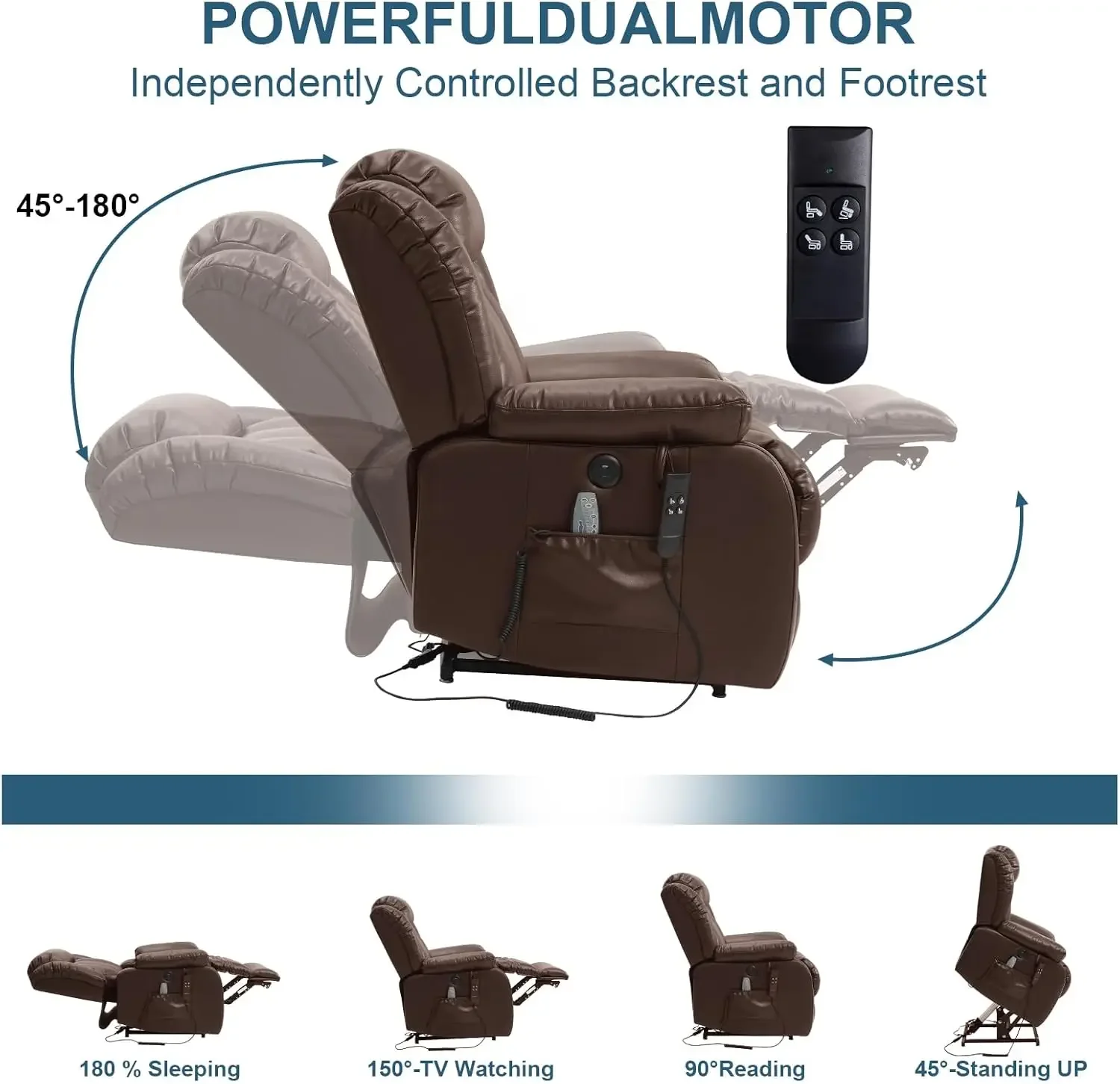 MF ite Posi-Fauteuil inclinable à grande puissance pour personnes âgées, chauffage et massage, ascenseur à plat, inclinables à moteur