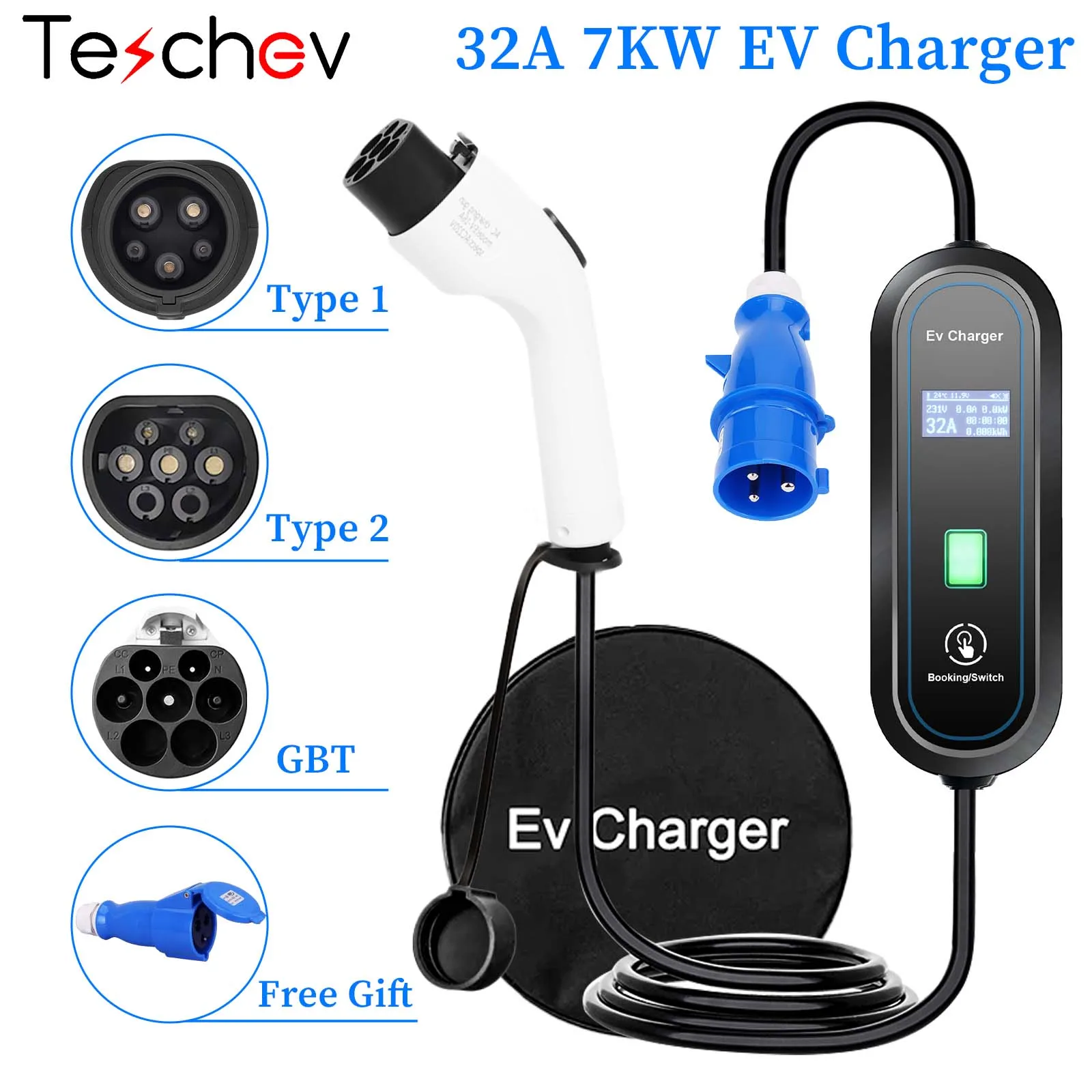 Teschev 220V EV-oplader Type 2/GBT-stekker 32A Eenfase 7KW Type1 J1772 Wallbox-laadstation voor elektrisch voertuig