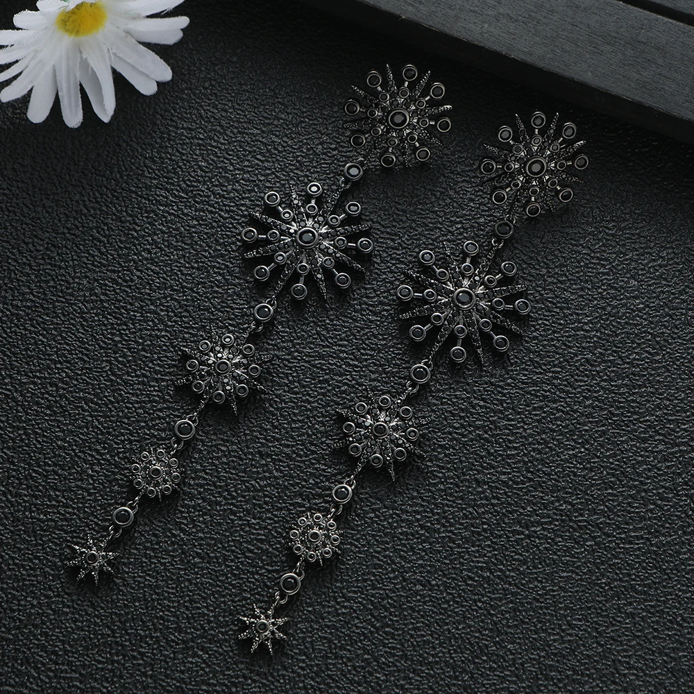 Luxury Fashion Exaggerate Sparkling Cubic Zircon Star snowflake long Tassels Earrings For Women Engagement Party Jewelry E122