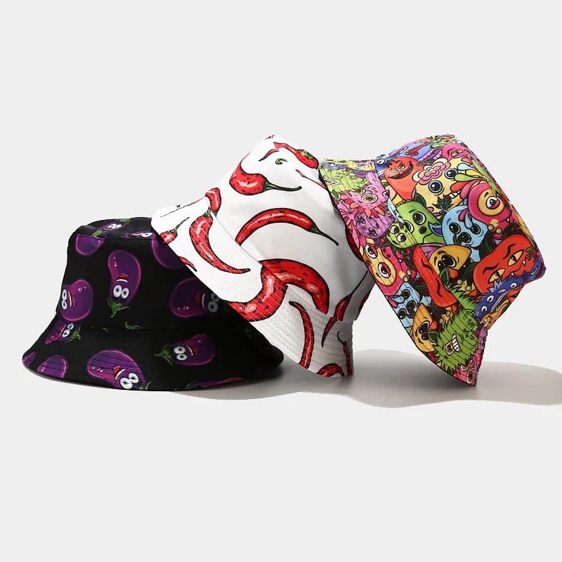 Sombreros de cubo con estampado de verduras para hombre y mujer, sombrero de Panamá plegable de doble cara, gorra de verano, hamburguesa, pimienta,
