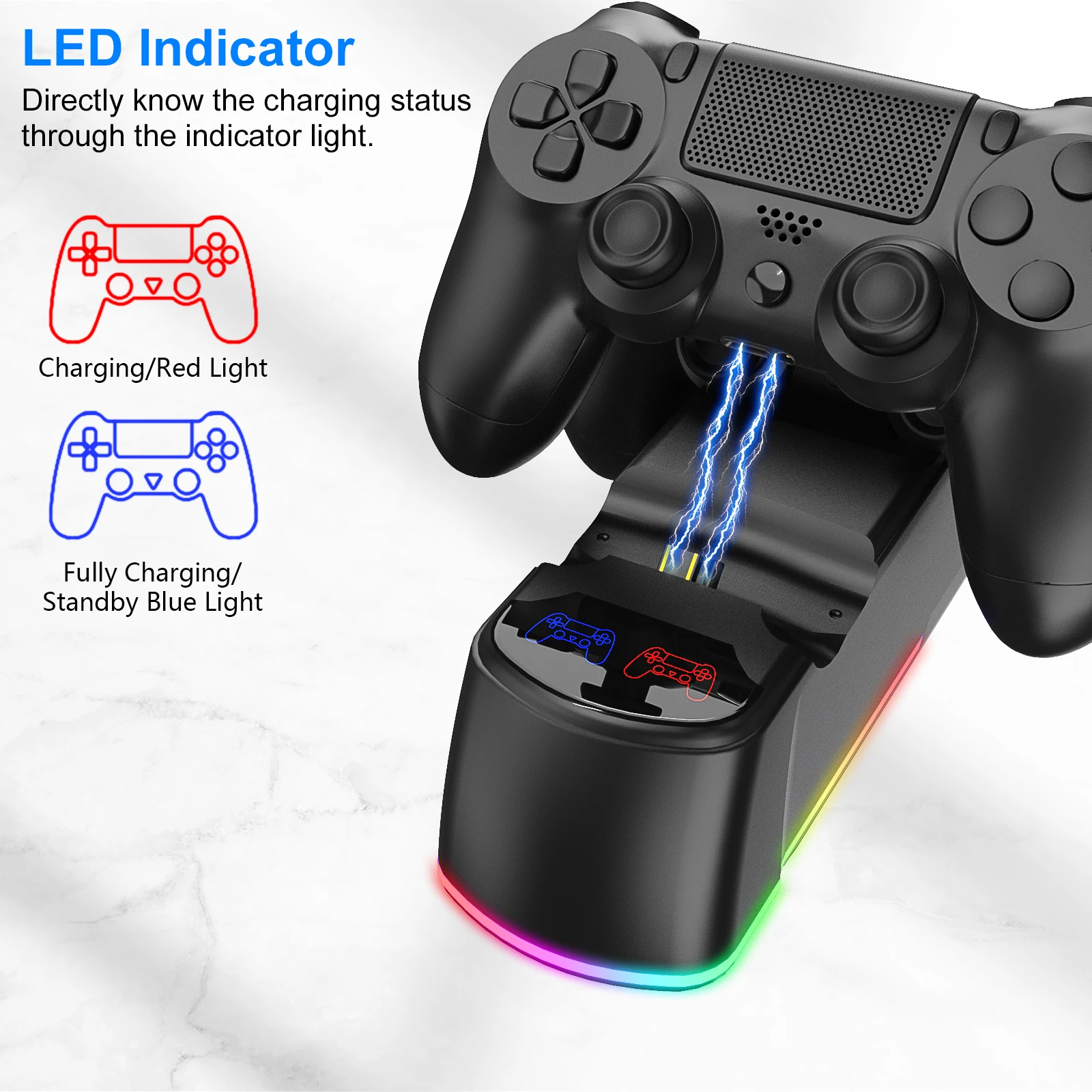 PS4 controller charging dock with indicator for 2 PS4 controllers, optional style (black color light, white color light)