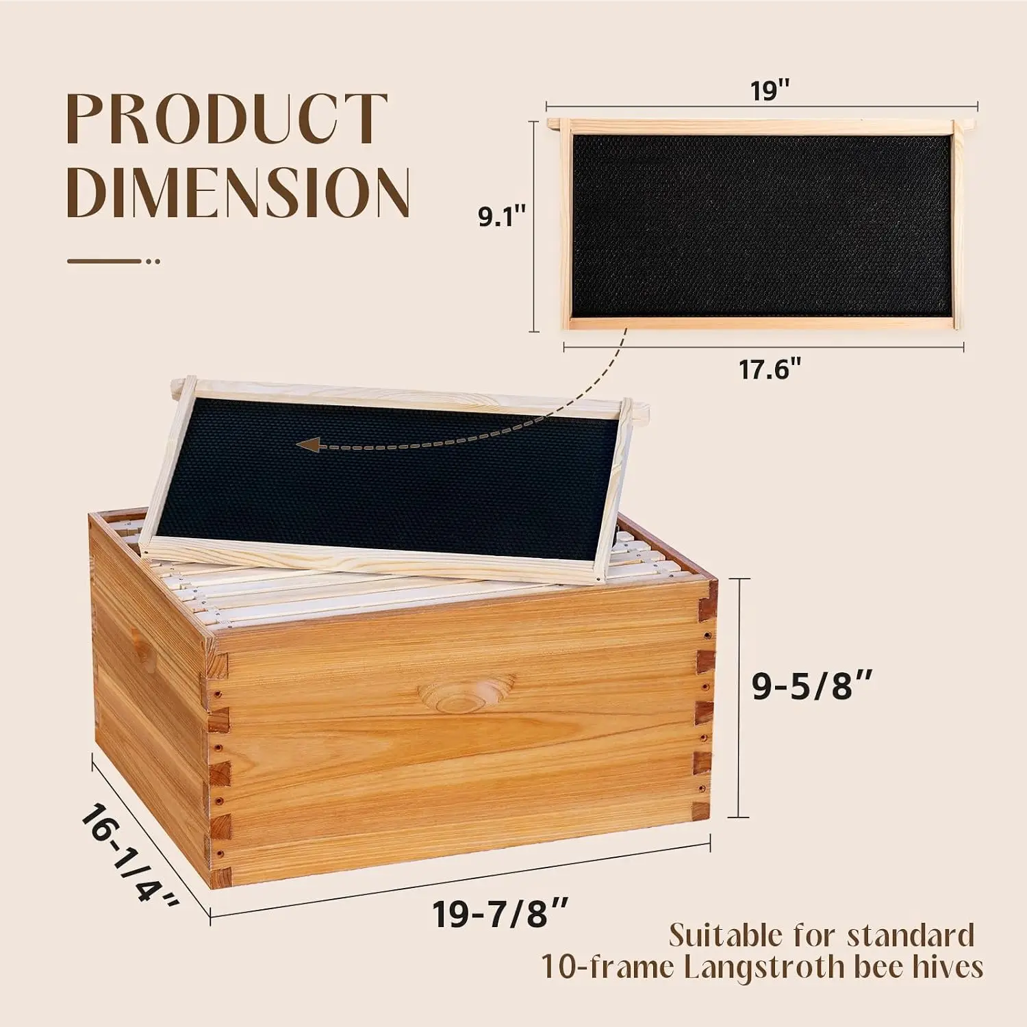 10 Frame Langstroth Deep Brood Beehive Box, Durable Cedar Dipped in Beeswax, Complete Frames & Wax Foundations, Deep Brood