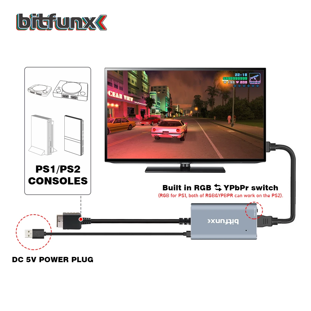 Bitfunx PS2 to HDMI Converter For PS2 PS1 PlayStation 1/2 Game Consoles With RGB to YPbPr Switch