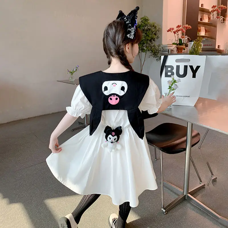 Short Sleeves Dress Sanrio Kuromi Girl Summer Simple Classics Style Fashion Cartoon Kawaii Bow Lie Fallow Dress Children's Gift