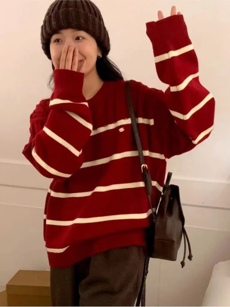 Striped Knitt Pullovers Sweater Women 2023 Autumn Winter New Chic Vintage Casual Loose Warm Jumpers Long Sleeve O Neck Pullover