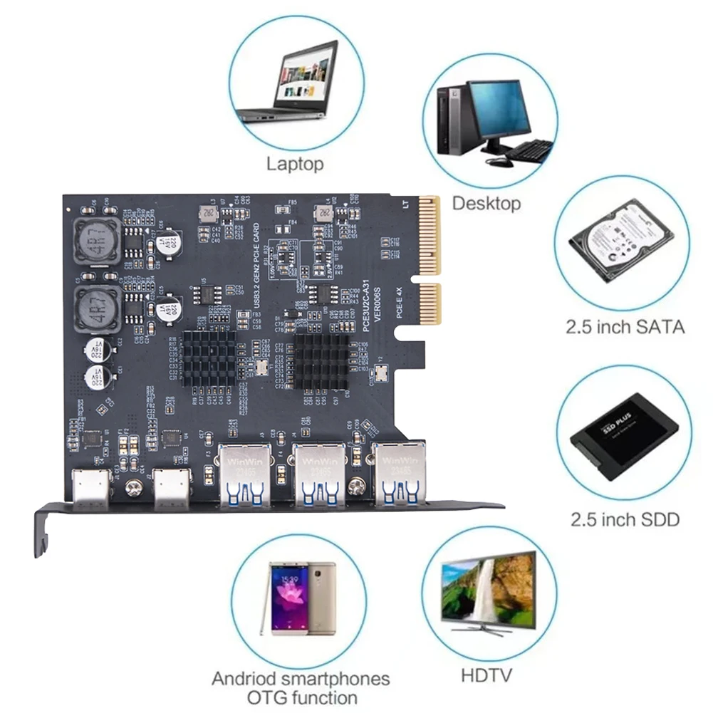 Convertidor USB de 5 puertos USB3.2 Gen2 10Gbps PCIe a USB 3,2 Gen 2 Tarjeta PCI Express (PCIe) Tarjeta de expansión para Windows 7/10/11 Linux