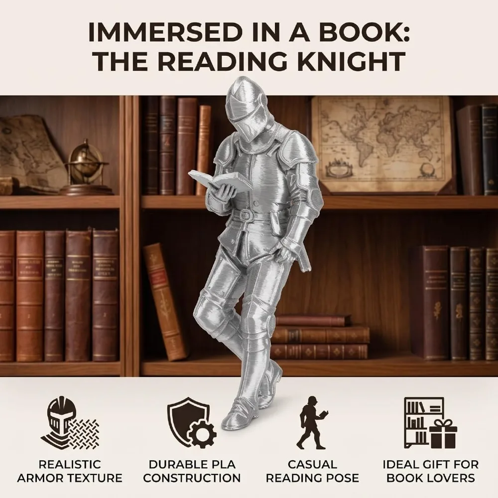 3D Printing Medieval Knight Statue 5.91in Silver Knight Bookshelf Decor Armored Design Gothic Library Figurine Medieval Fantasy