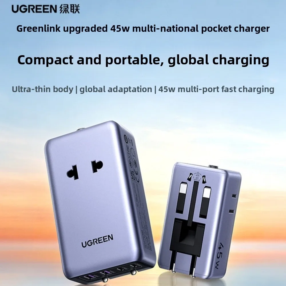 UGREEN 45W GaN Travel Adapter 6-in-1 2 USB-C PD 2 USB-A QC 2 AC Outlet 4 Plugs US EU UK AU 100-240V Portable Fast Charger Gifts
