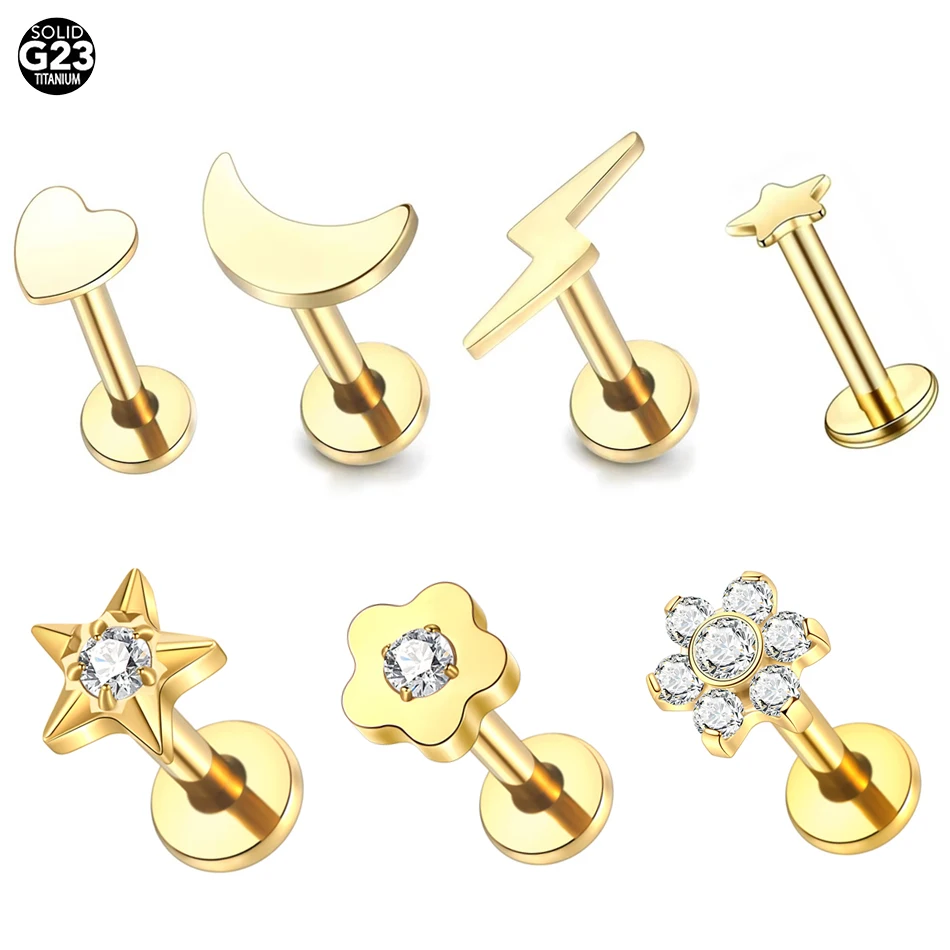 5Pcs/lot Titanium Heart Moon Star Cartilage Earring Helix Tragus Stud Flatback Labret Ring Nose Stud Internal Thread Piercing