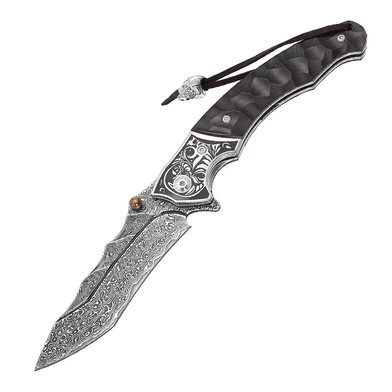 New Outdoor Folding Knife Creative Damascus Steel Self-defense Knife Outdoor Portable Sharp Hunting and Fishing Tools