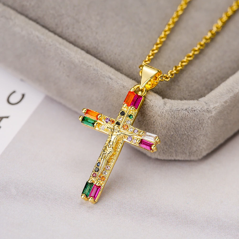NEWBUY High Quality Gold Color Cross Pendant AAA CZ Zircon Pave Setting Christian Jewelry Stainless Steel Chain Necklace Female