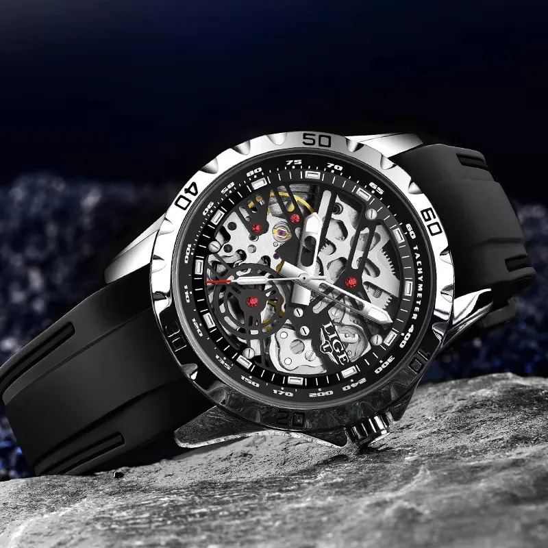 LIGE Роскошные мужские часы автоматические механические наручные часы скелетон дизайн водостойкий силиконовый ремешок мужские часы Reloj Hombre + коробка