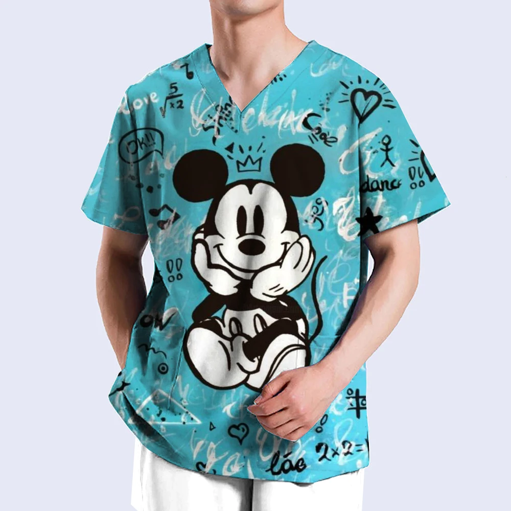 Disney Mickey Mouse Print Nurse Medical Uniforms V-neck Short Sleeve Pocket Workwear Top Scrubs Medical Accessories Uniform