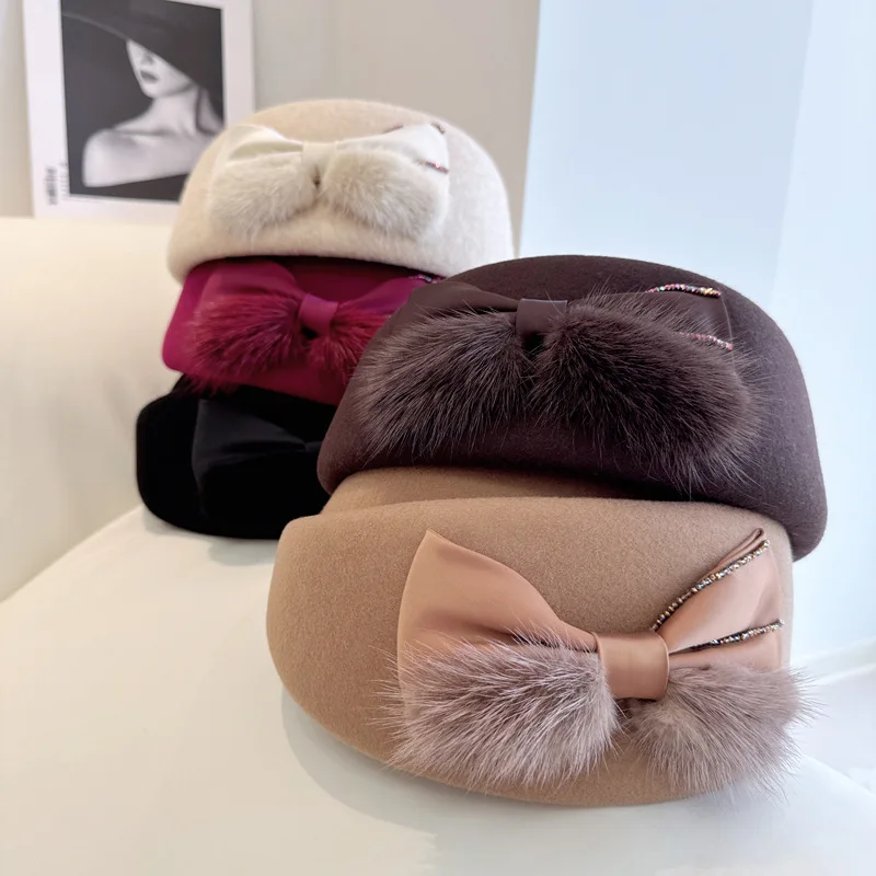 

Japanese Concave Top Beret Women Autumn Winter Australian Wool Top Hat Colored Crystal Edge Rabbit Hair Bow Felt Stewardess Hat