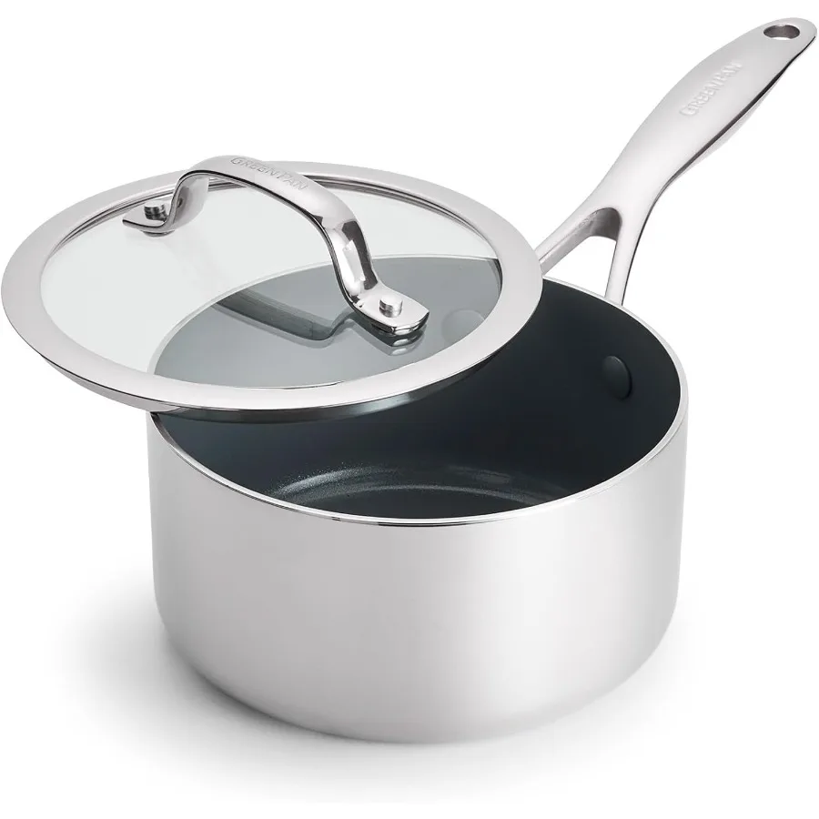 

Трехслойная кастрюля Valencia Pro из нержавеющей стали длиной 1,5QT с крышкой, керамическая антипригарная кастрюля без PFAS, многослойная посуда, индукционная, D대