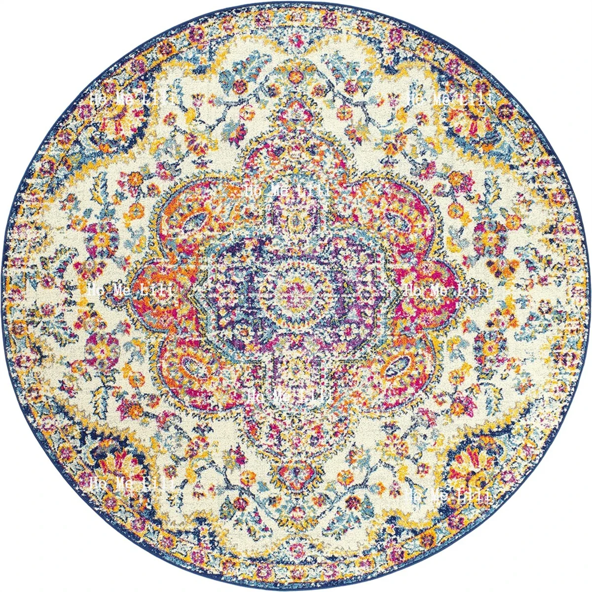 Rabat Vintage Rug Traditional Multicoloured Boho Round Flannel Carpet For Living Room Bathroom Decor