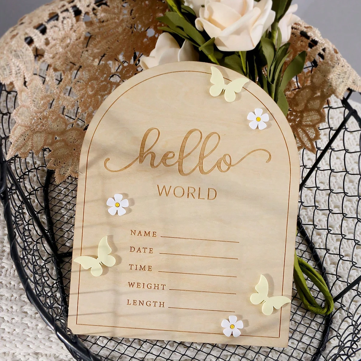 Ylsteed hello world newborn name sign acrylic butterfly flower deco baby birth announcement sign newborn baby photo props