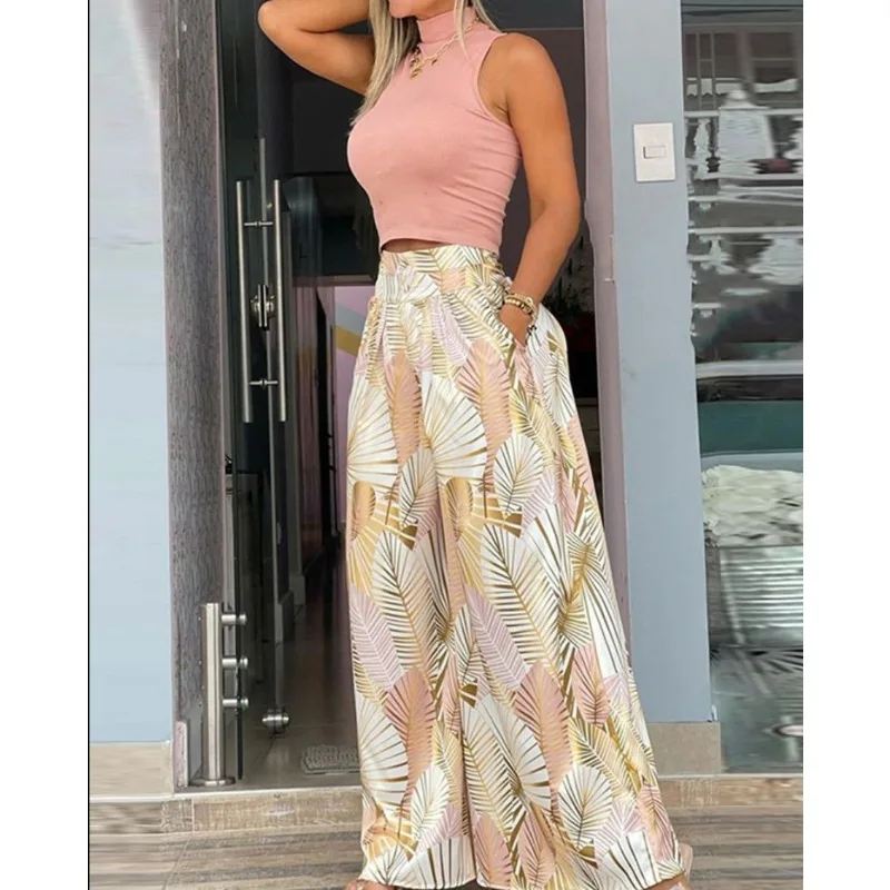 

Mandylandy Two-Piece Vest Tops Sets Summer Printed Wide Leg Pants Outfits Sleeveless Tops Suit Women Casual Trousers Tshirts