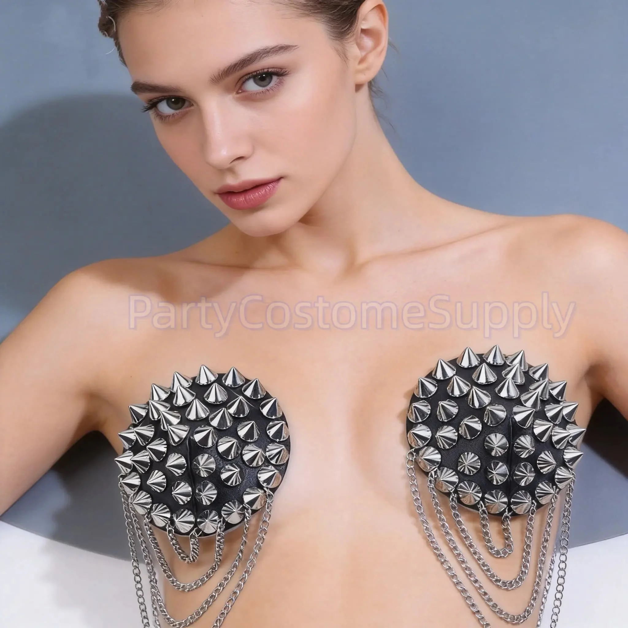 

Women Underwear Reusable Punk Leather Breast Petals Nipple Sticker Self-adhesive Metal Rivet PU Sexy Black Nipple Pasties Women