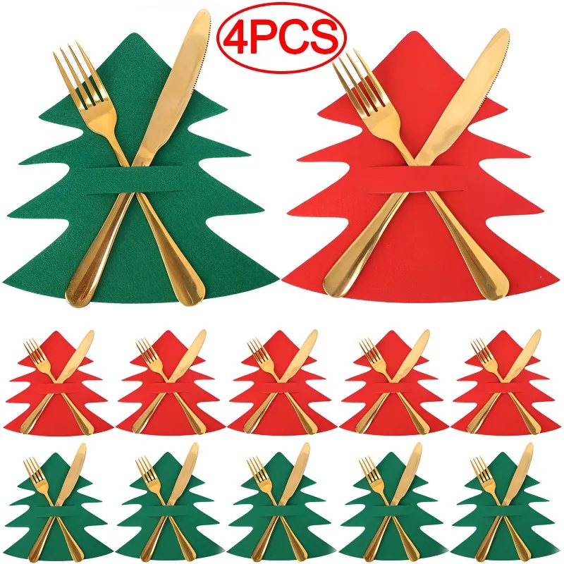 4PCS 10Styles Christmas Knife and Fork Holder Elk Xmas Tree Pocket Cutlery Bag Non-woven fabric Cookware Organizer Table Decor